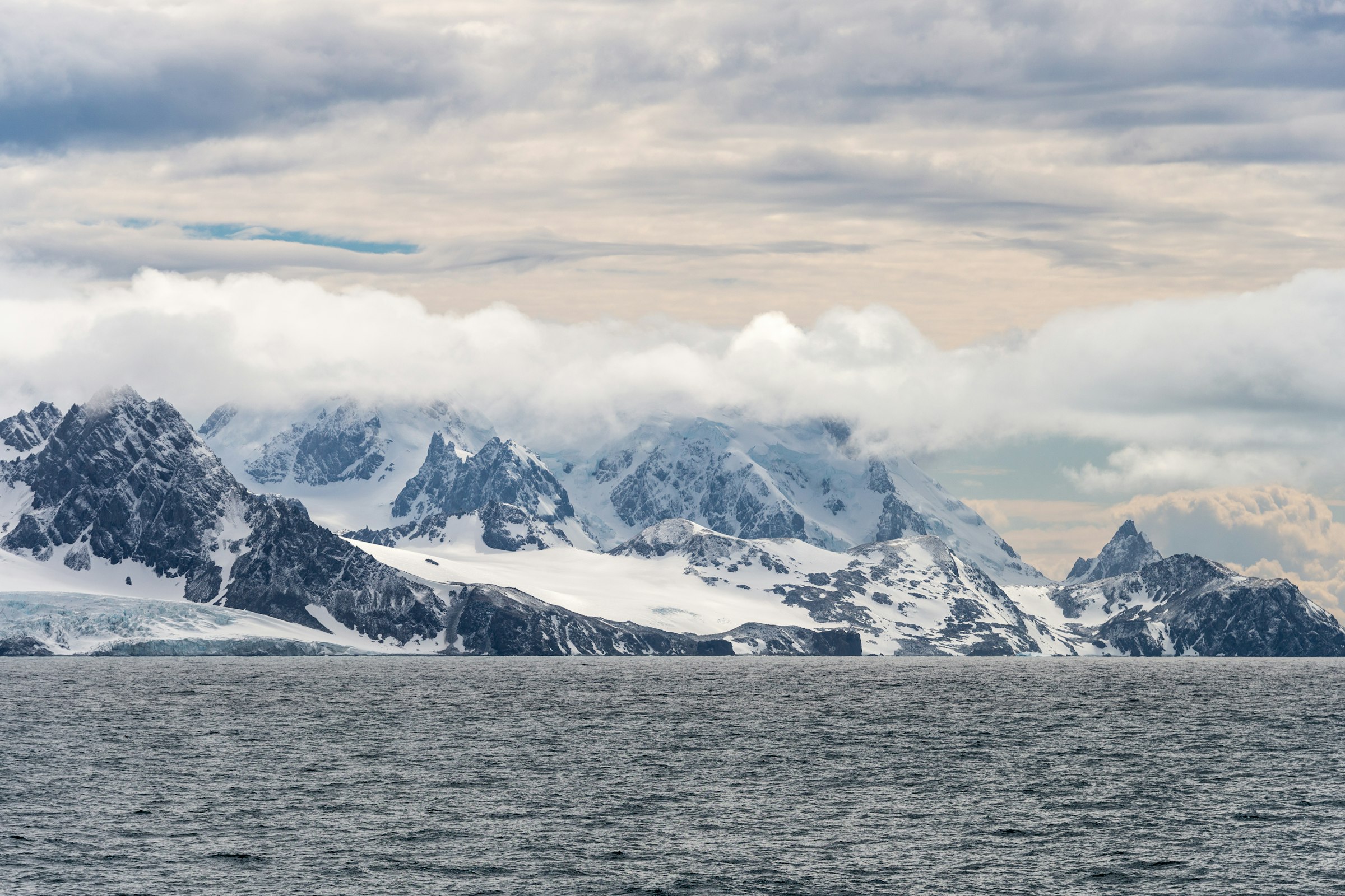 The snowy coastline of Elephant Island in the South Shetlands